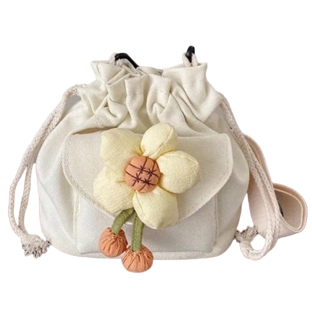 Boho Cream Woven Canvas Flower Bucket Crossbody Purse